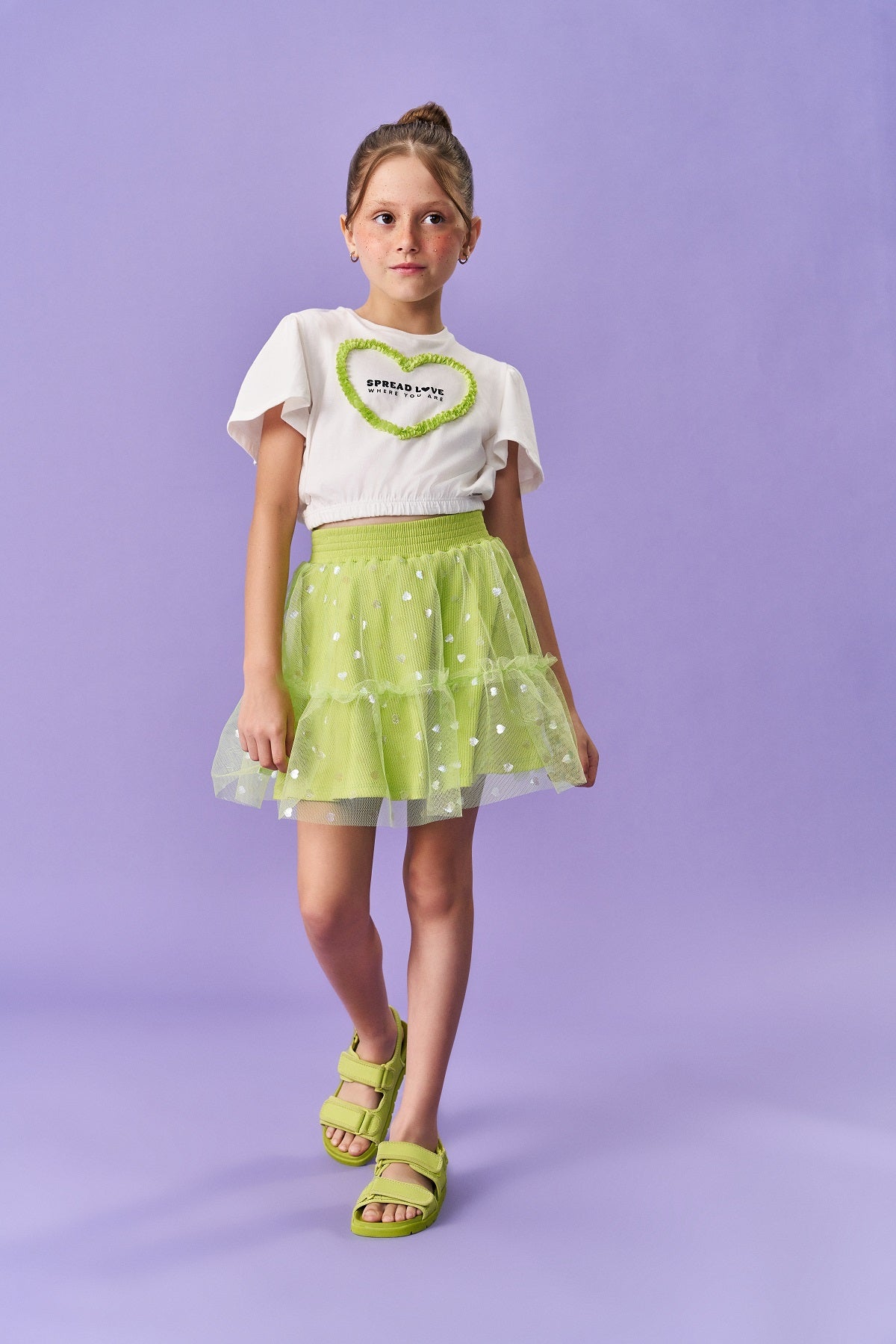 Conjunto Infantil Catavento Verão Saia Verde e Blusa Coração