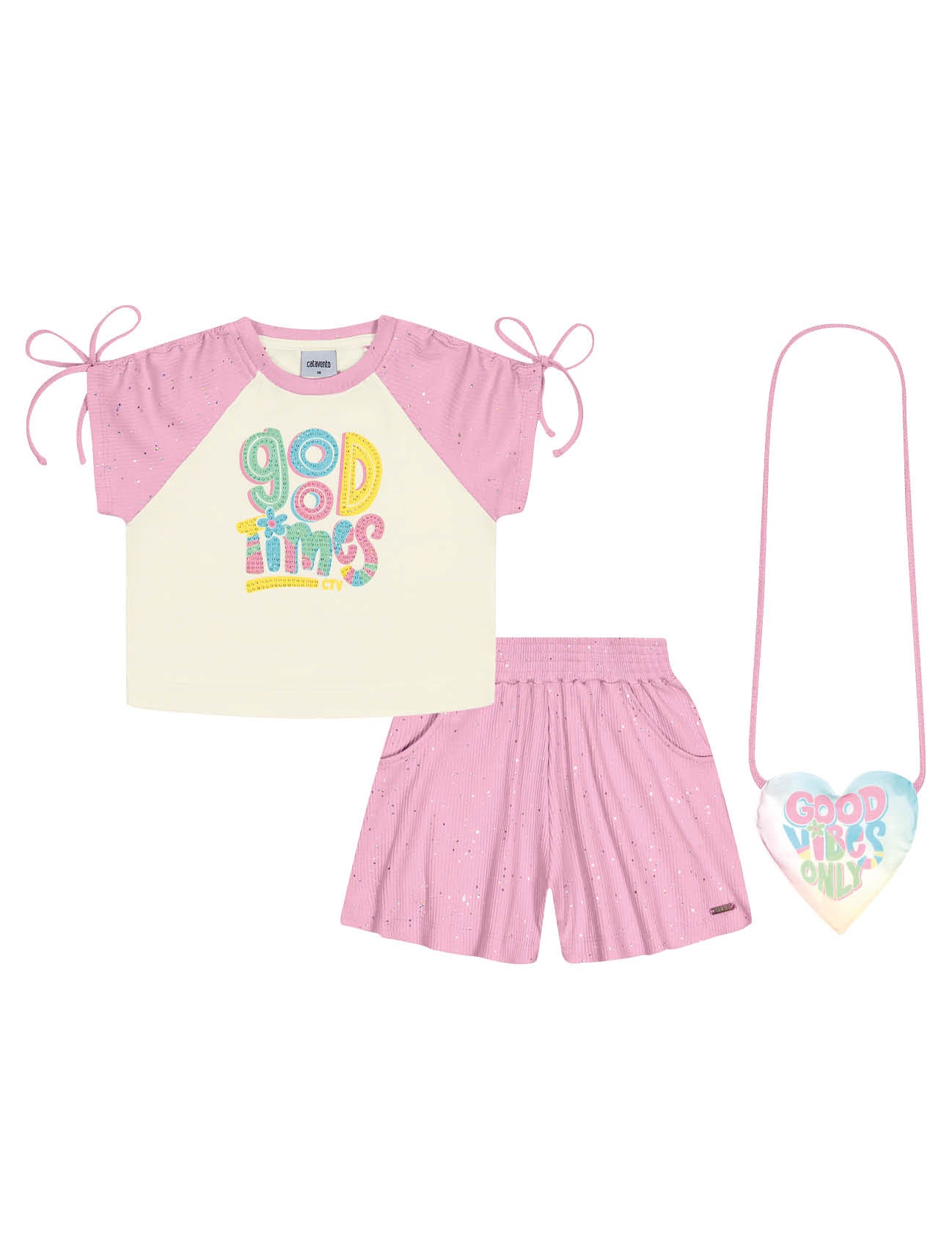 Conjunto Infantil Catavento Verão Shorts Rosa, Blusa e Bolsinha Good
