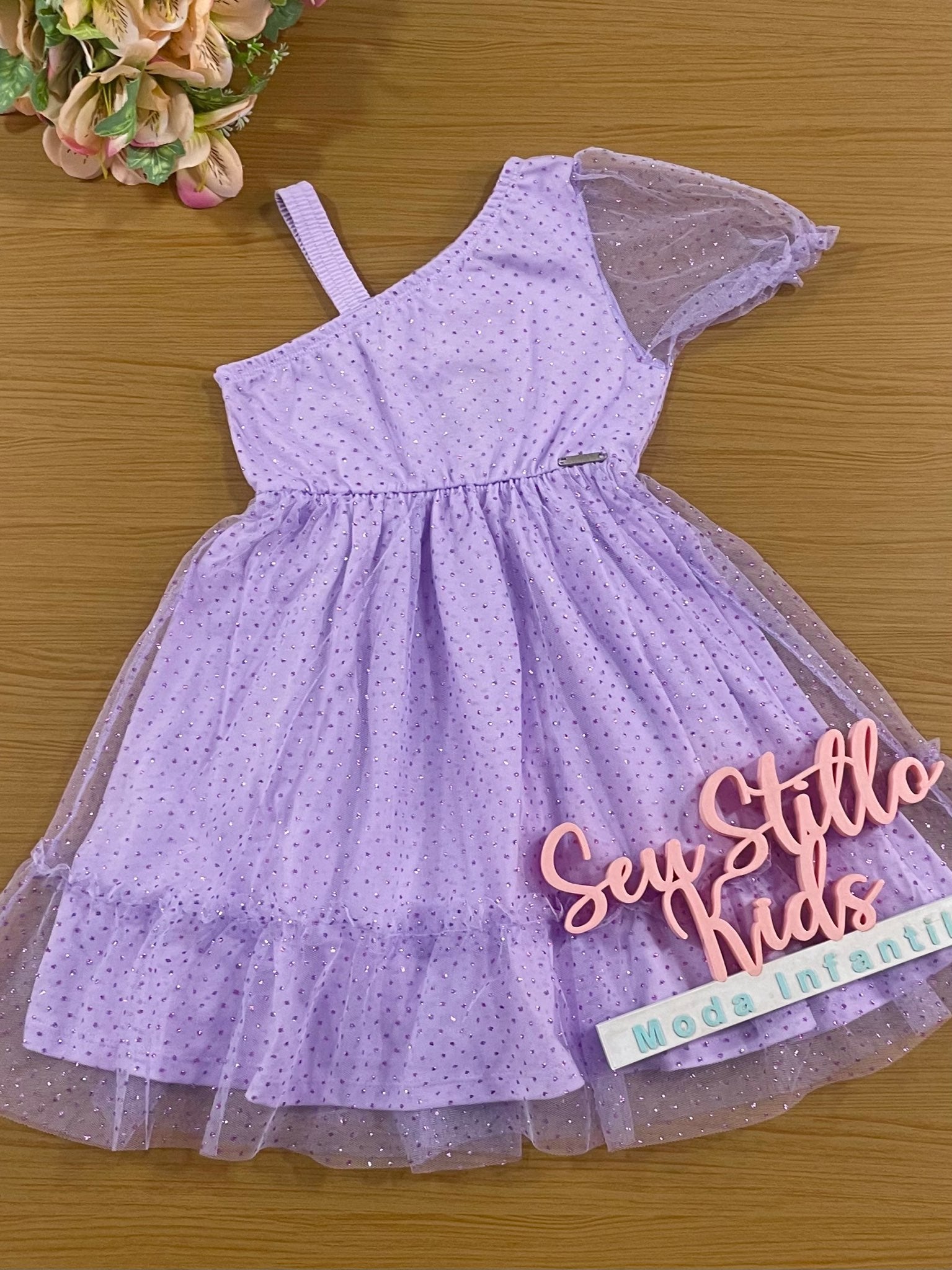 Vestido Infantil Catavento Verão Lilás com Tule Brilhante