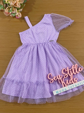 Vestido Infantil Catavento Verão Lilás com Tule Brilhante