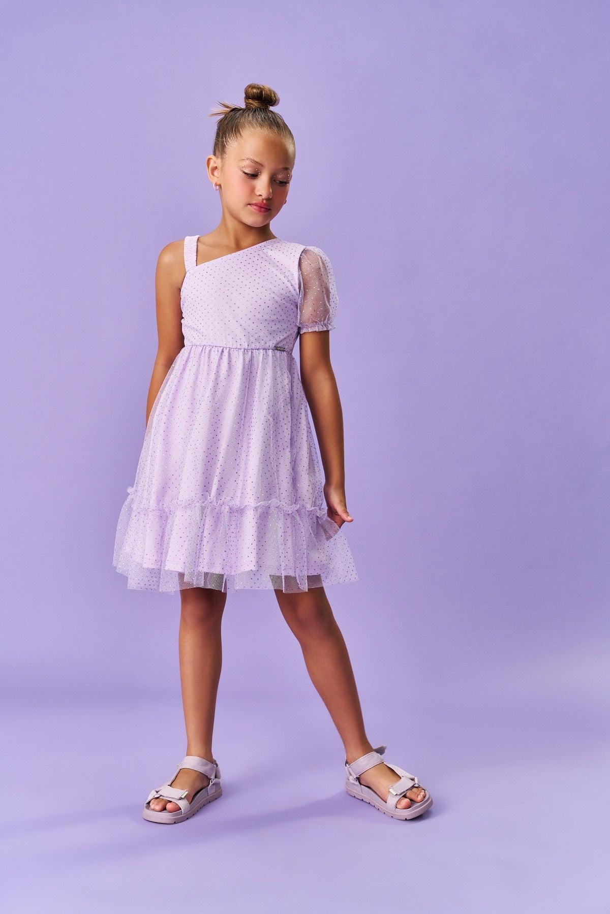 Vestido Infantil Catavento Verão Lilás com Tule Brilhante