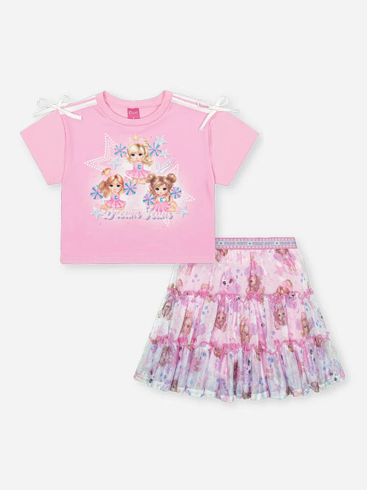 Conjunto Infantil Cinti Verão com Saia e Blusa Rosa Liders de Torcidas