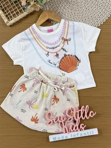 Conjunto Infantil Belime Verão com Shorts Saia Off White e Blusa Branca Acessórios 3D