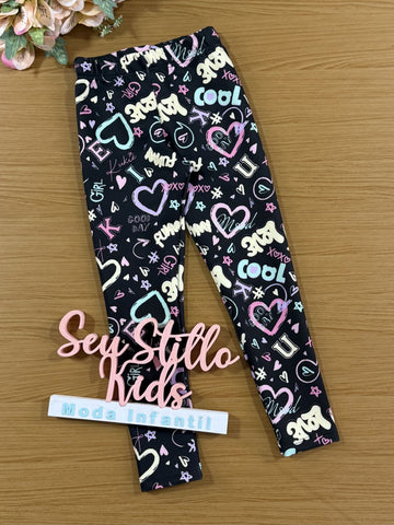 Calça Legging Infantil Kukie Inverno Preta Coração