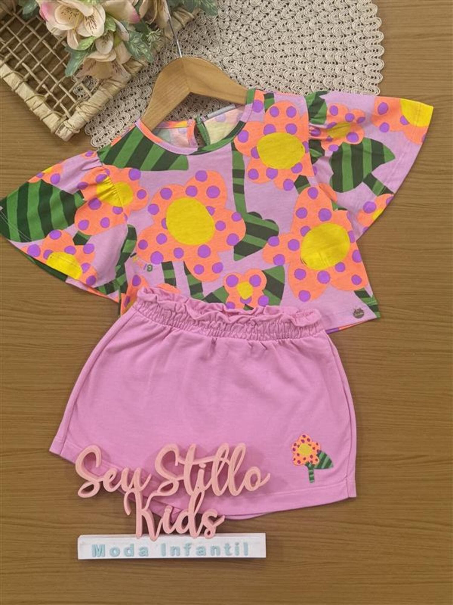 Conjunto Infantil Bimbi Verão com Shorts Saia e Blusa Rosa Florzinhas