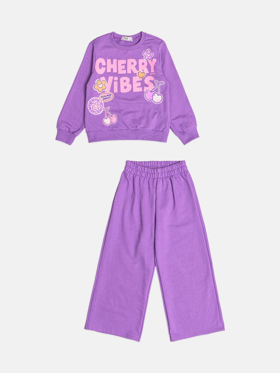 Conjunto Infantil Bimbi Inverno com Calça e Moletom sem Flanela Roxo Cherry Vibes