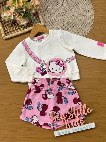 Conjunto Infantil Momi Inverno com Shorts Saia Rosa e Moletom sem Flanela Bolsinha Hello Kitty 3D