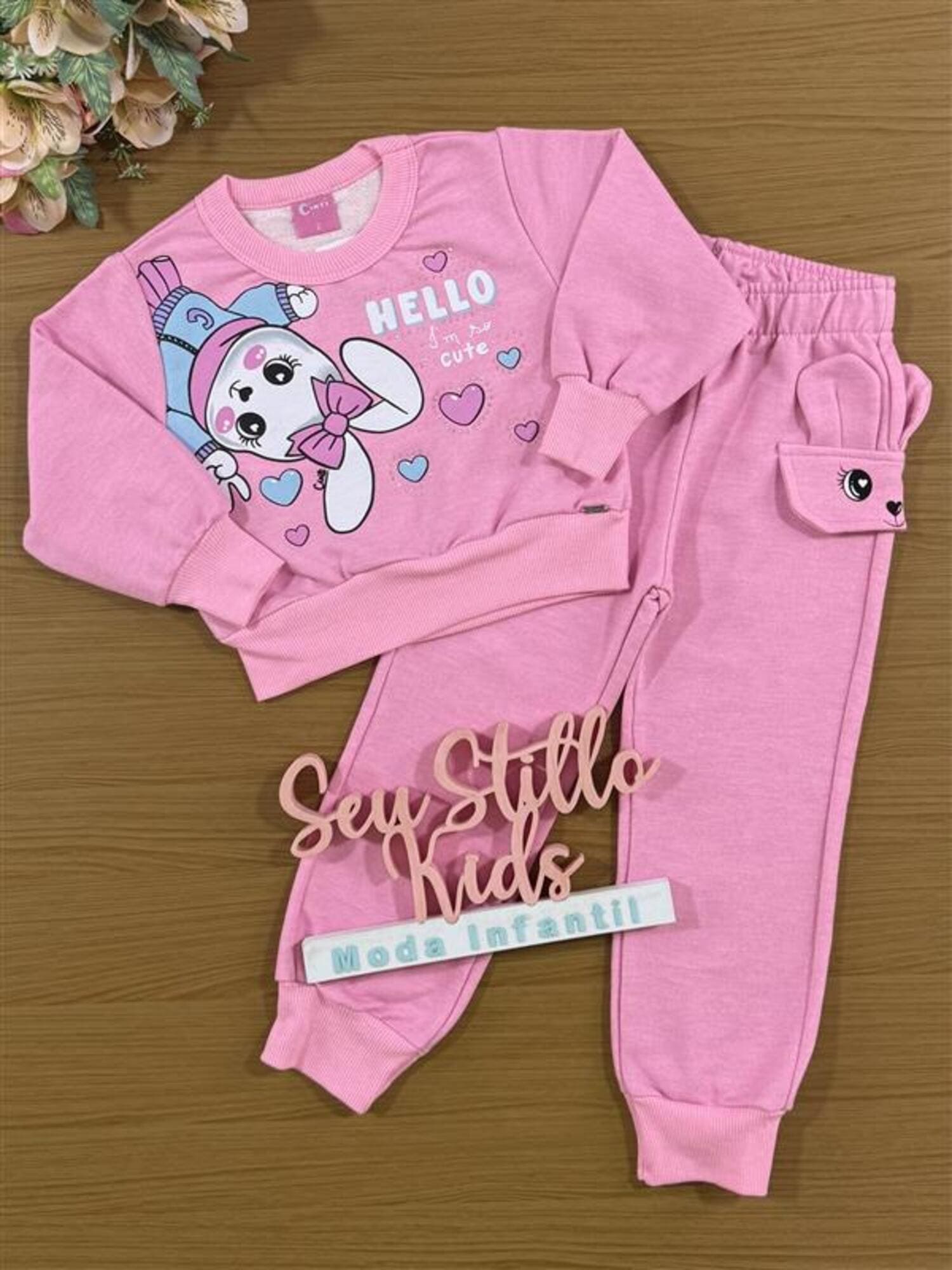 Conjunto Infantil Cinti Inverno com Calça e Casaco Rosa Coelhinha com Strass