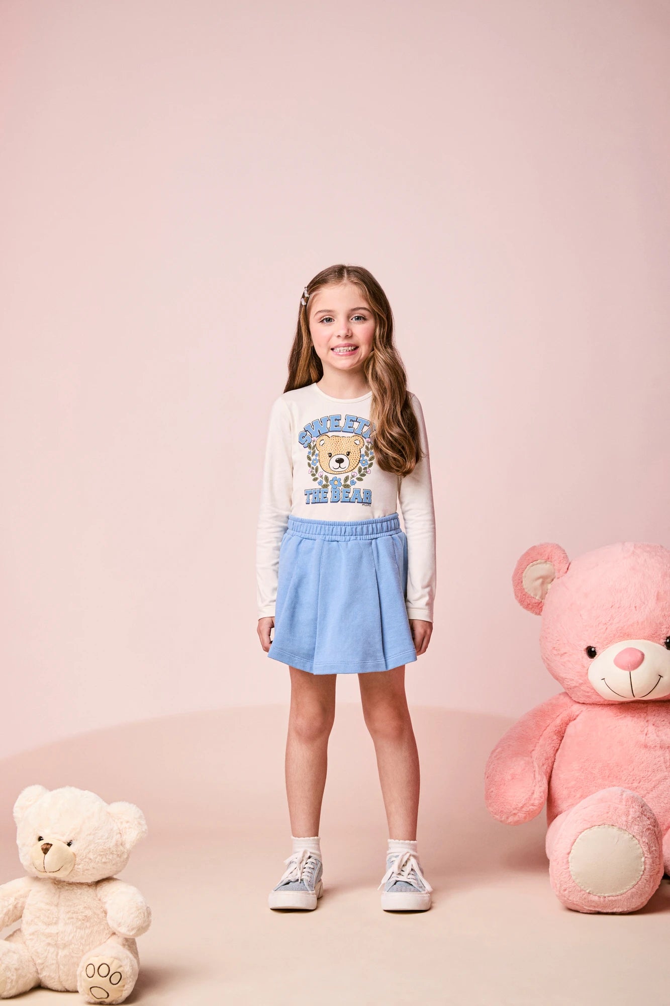 Conjunto Infantil Momi Inverno com Shorts Saia Azul e Blusa Manga Longa Ursinha Sweetie