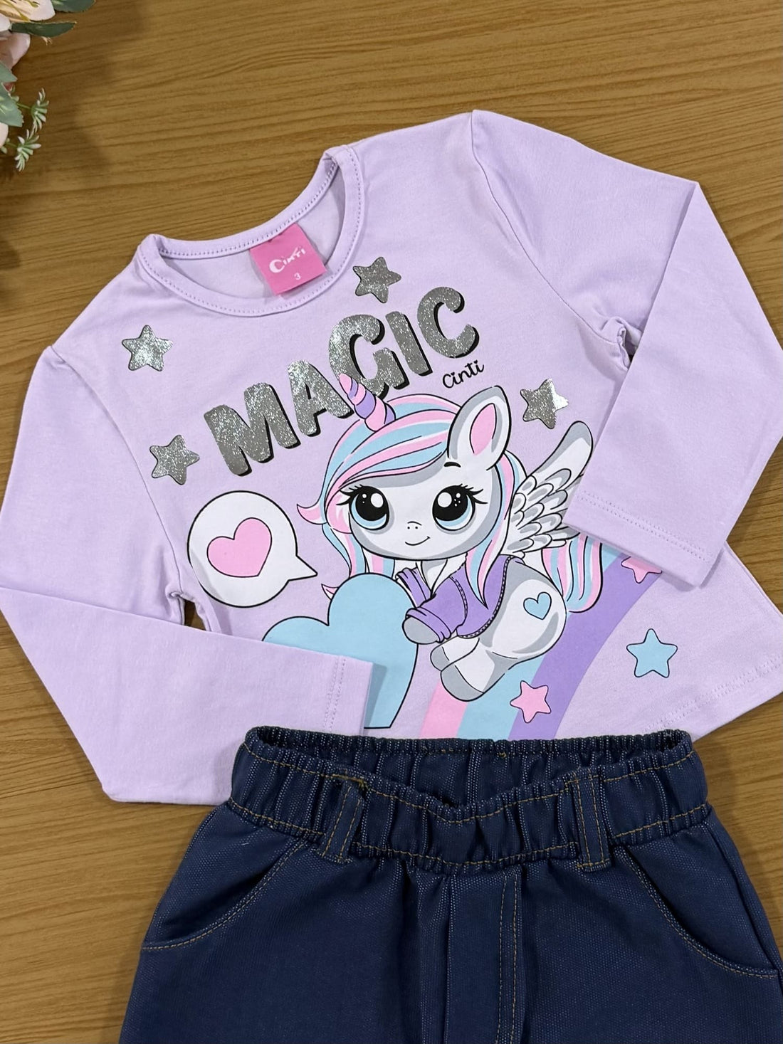 Conjunto Infantil Cinti Inverno Shorts Saia e Blusa Lilás Unicórnio