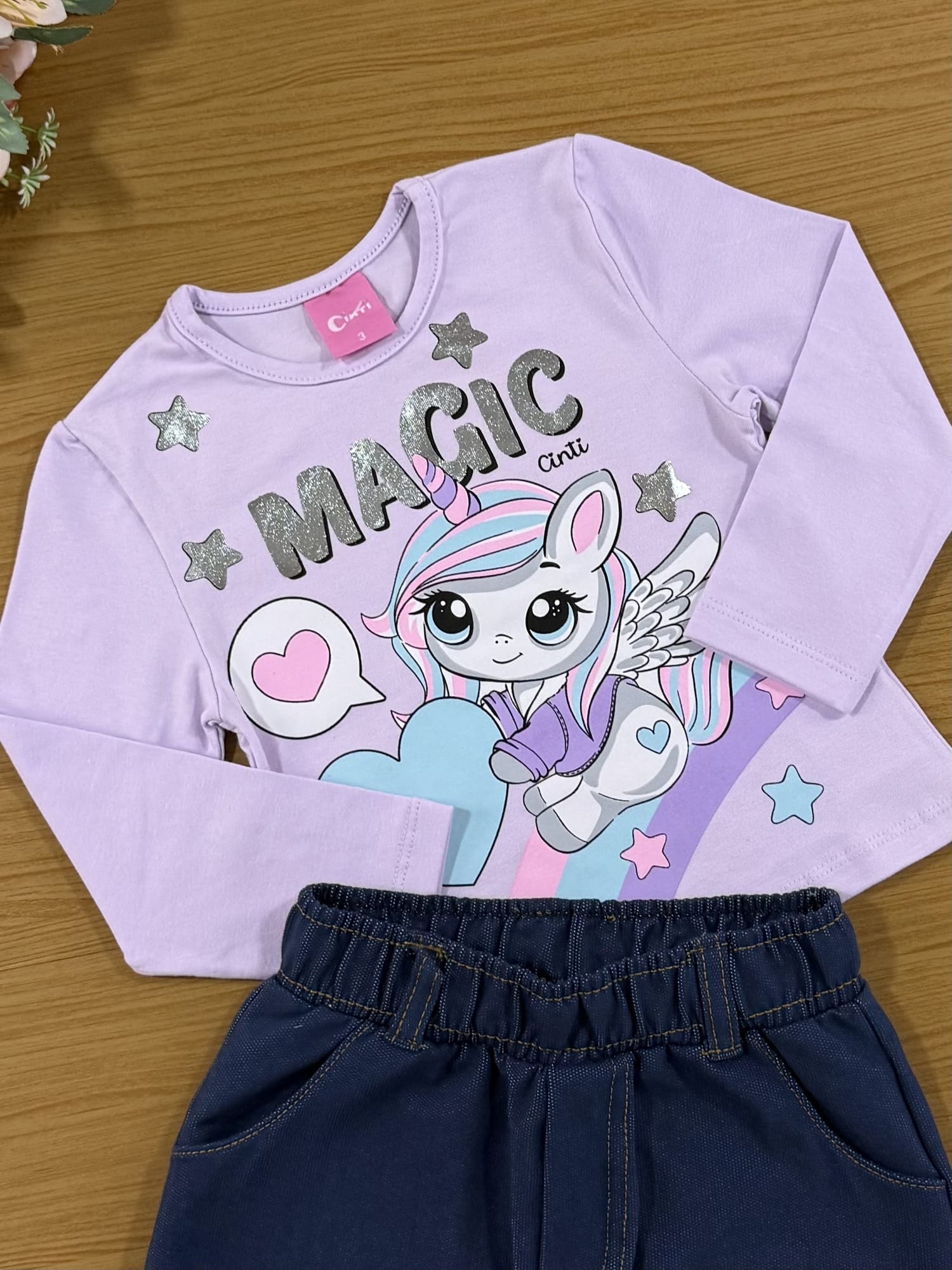 Conjunto Infantil Cinti Inverno Shorts Saia e Blusa Lilás Unicórnio