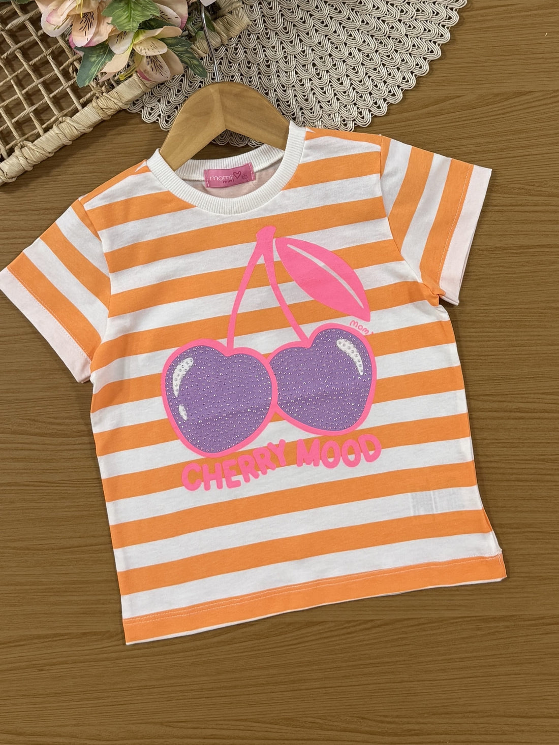 Conjunto Infantil Momi Verão com Shorts Ciclista e Blusa Laranja Listrada Cereja