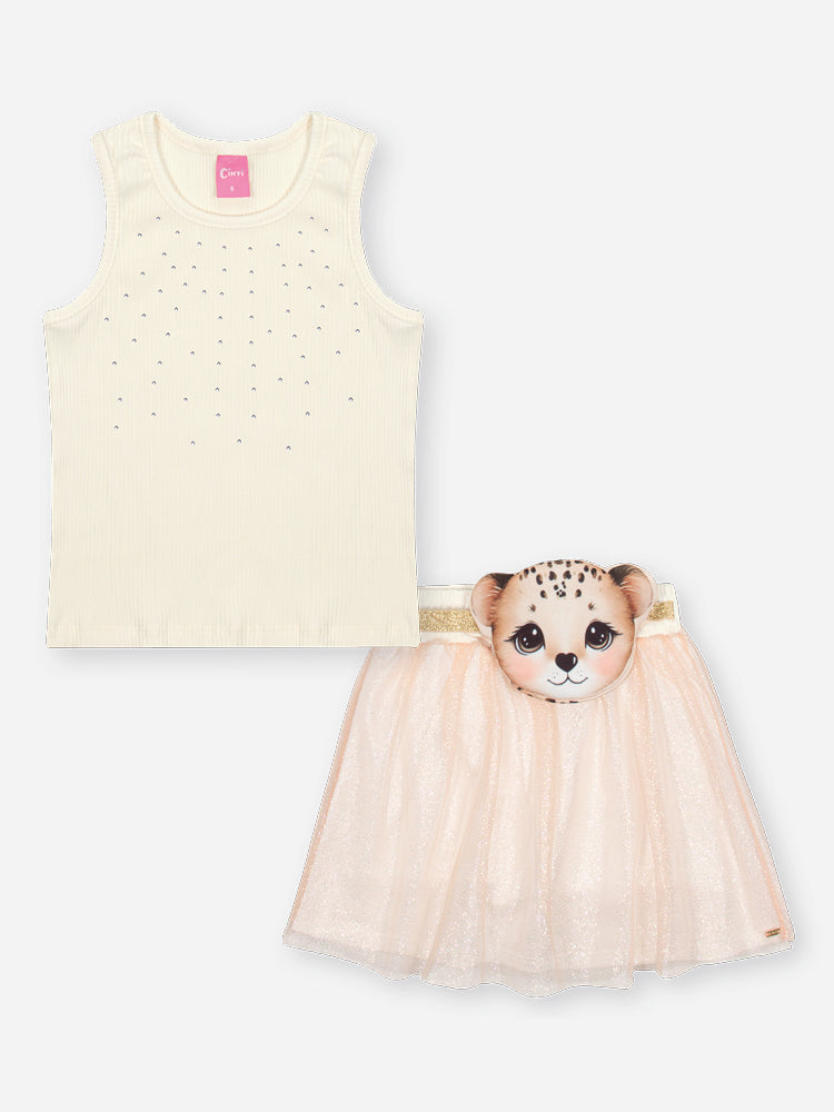 Conjunto Infantil Cinti Verão com Saia em Tule Oncinha e Regata Branca