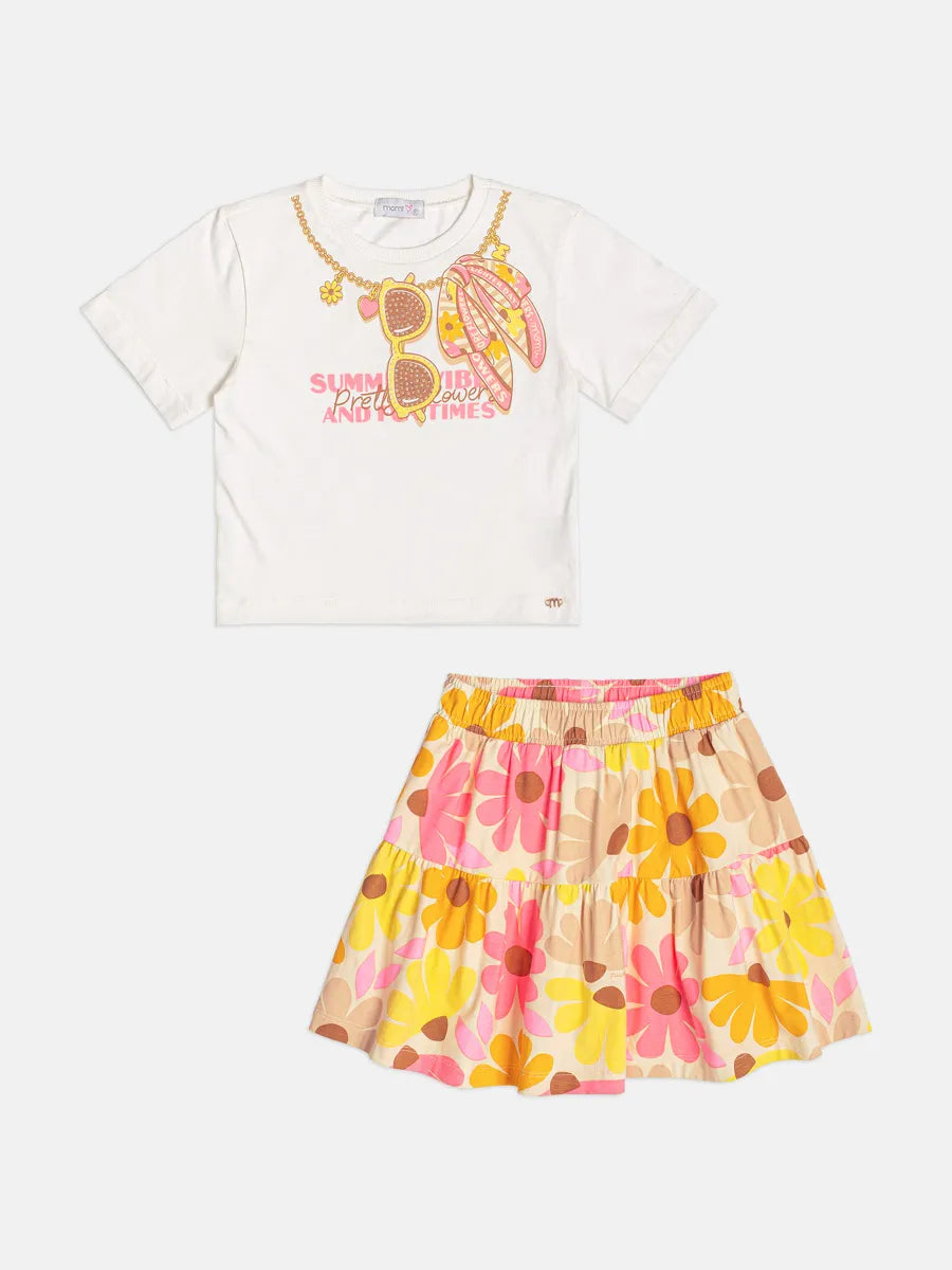 Conjunto Infantil Menina Momi com Saia Floral e Blusa Branca Acessórios Strass