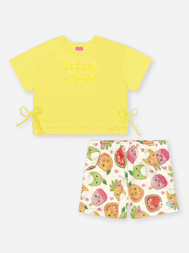 Conjunto Infantil Cinti Verão com Shorts Off White e Blusa Amarela Hello