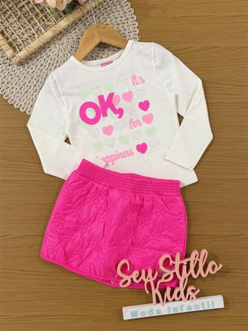 Conjunto Infantil Cinti Inverno com Saia Rosa e Blusa Manga Lonnga Corações Strass