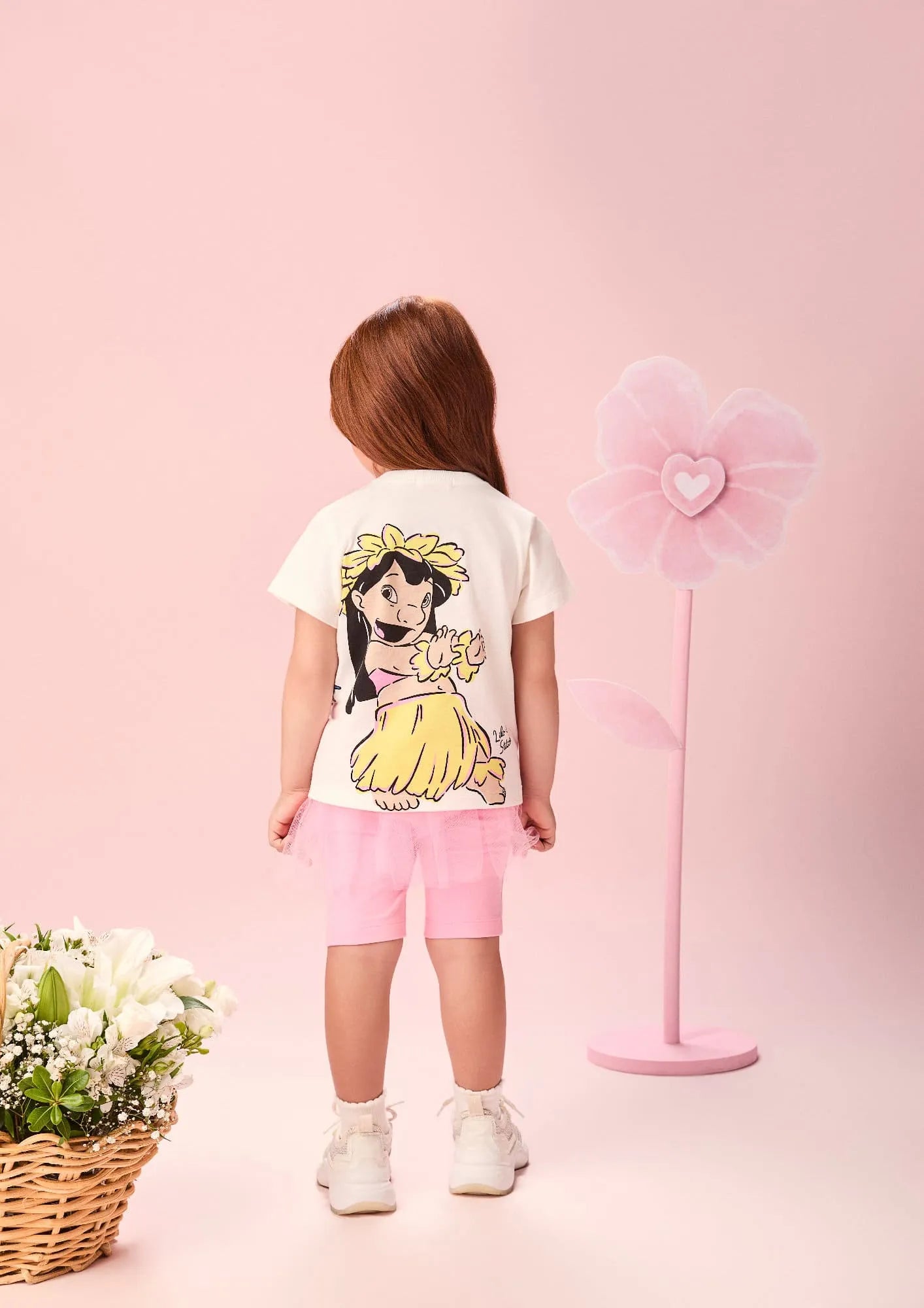 Conjunto Infantil Menina Momi Shorts Ciclista Rosa com Tule e Blusa Branca Lilo e Stitch Disney