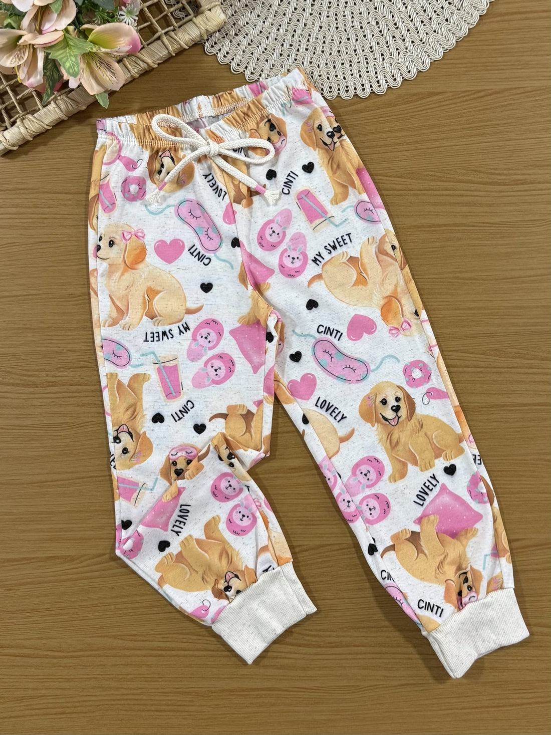 Pijama Infantil Cinti Verão com Calça e Blusa Off White Cachorrinhos
