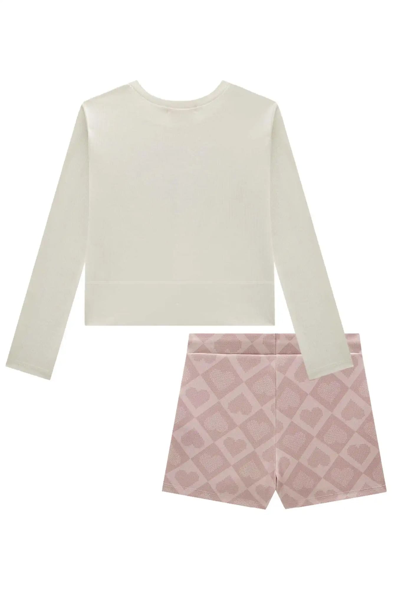 Conjunto Infantil Kukiê Inverno com Shorts Saia Rosa e Blusa Manga Longa Branca Corações