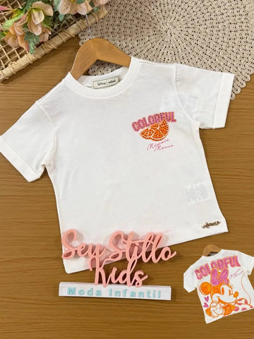 Blusa Infantil Menina Animê Branca Colorful Minnie Disney