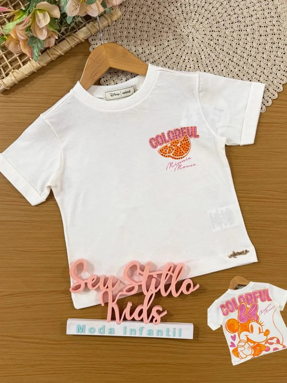 Blusa Infantil Menina Animê Branca Colorful Minnie Disney