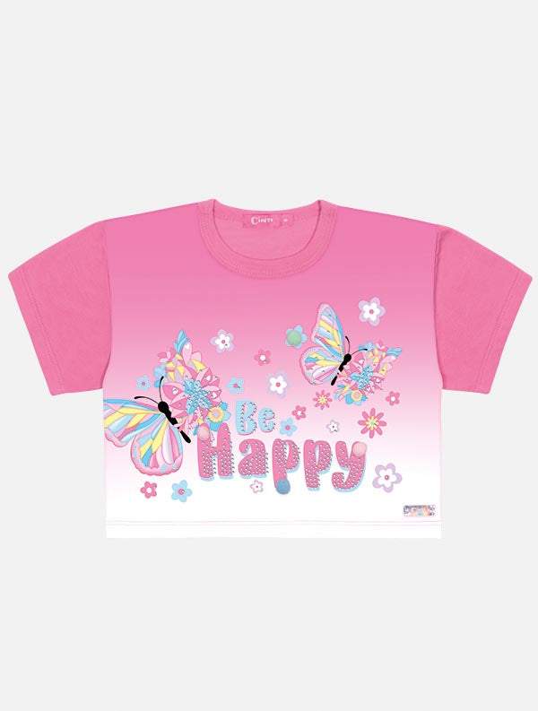 Blusa Infantil Cinti Verão Rosa Borboleta Happy