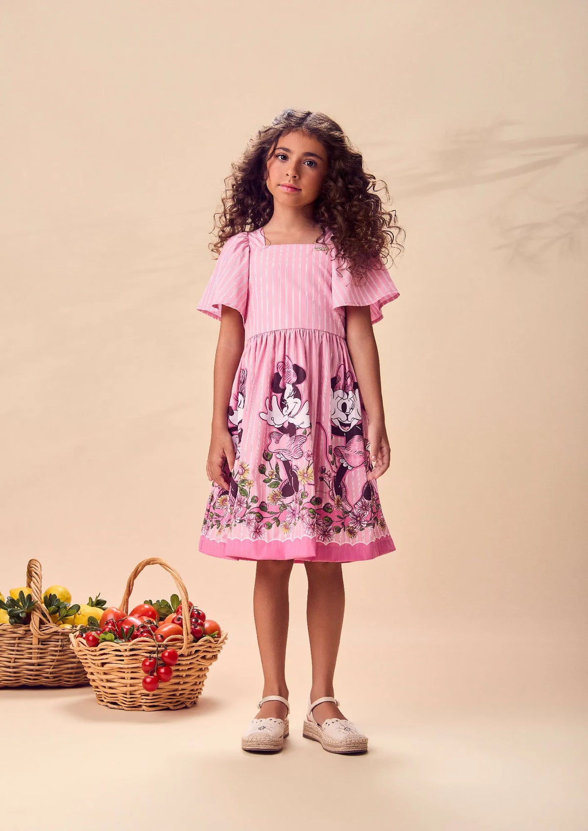 Vestido Infantil Animê Listrado Rosa Minnie Flores Disney
