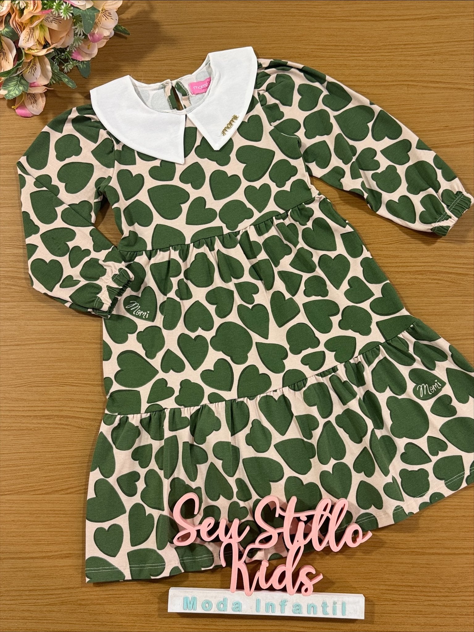 Vestido Infantil Momi Inverno Corações Verde