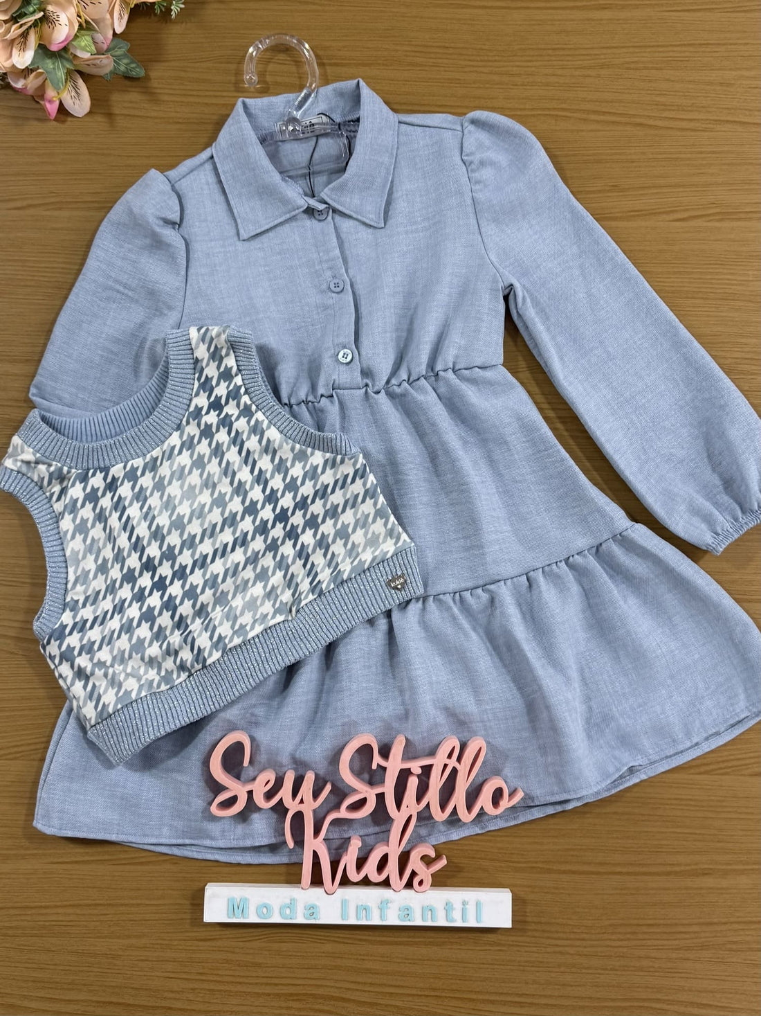 Vestido Infantil Kukiê Inverno  Azul Claro com Colete