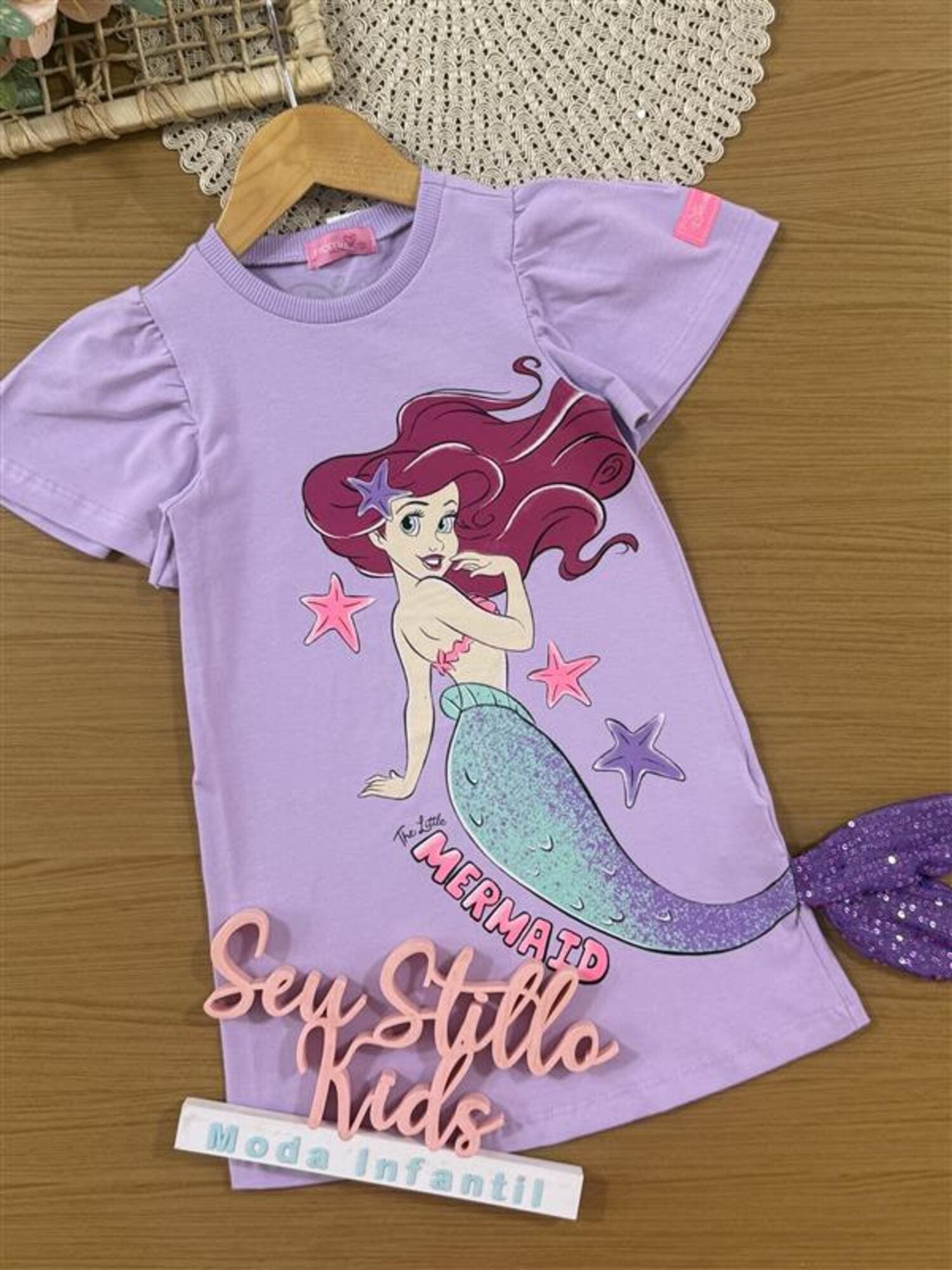 Vestido Infantil Momi Verão Lilás Pequena Sereia Disney