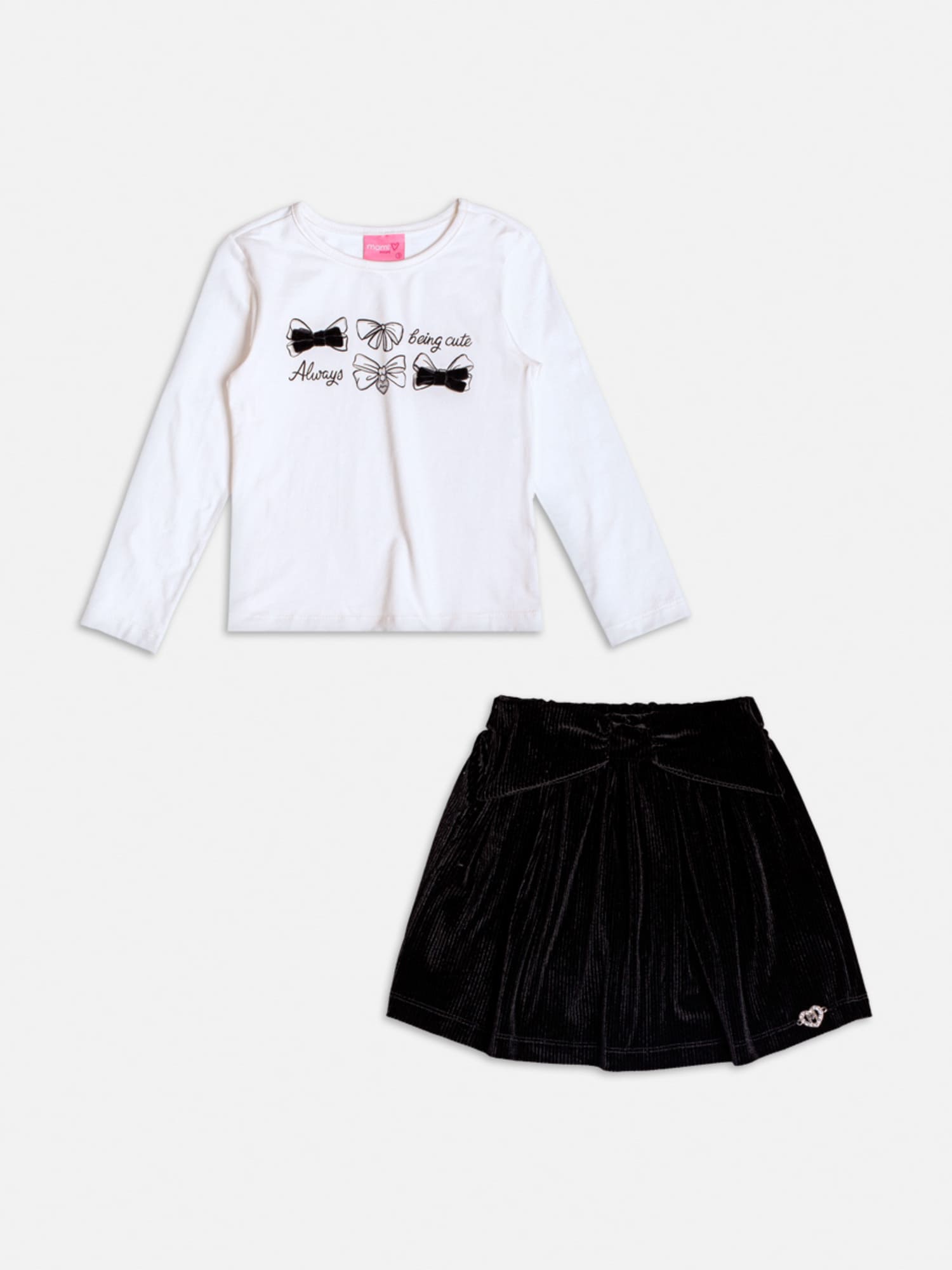 Conjunto Infantil Momi Inverno com Saia Preta Lacinhos e Blusa Manga Longa