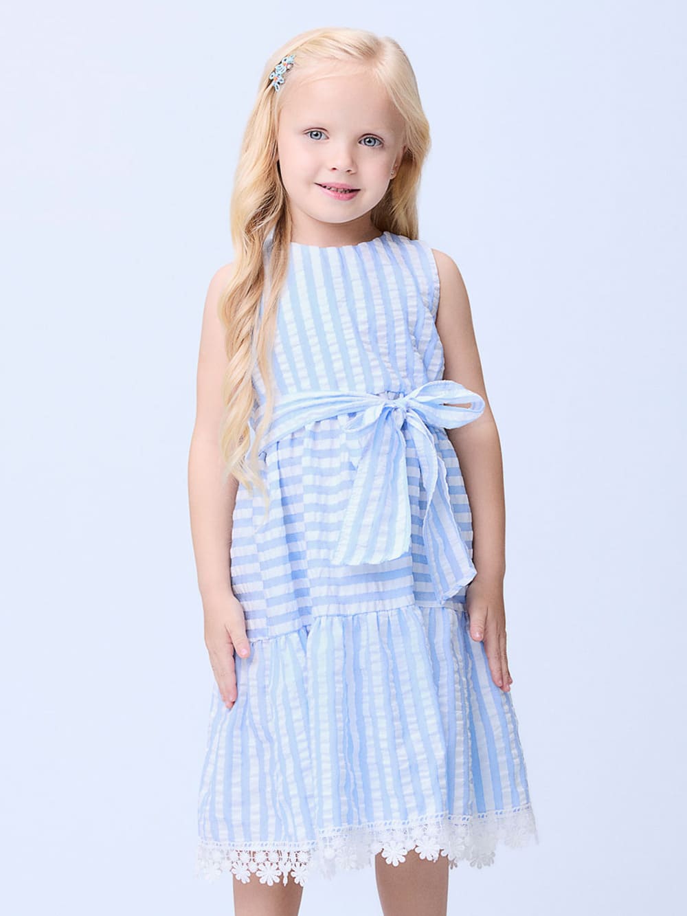Vestido Infantil Momi Azul Listrado com Laço