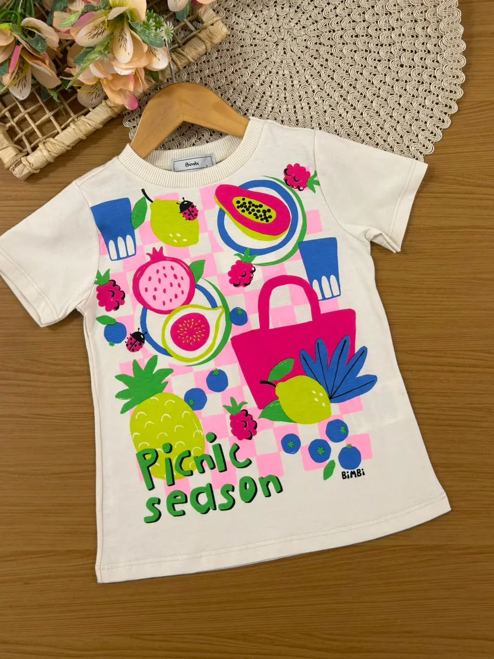 Conjunto Infantil Menina Bimbi Shorts Ciclista Verde e Blusa Bege Picnic