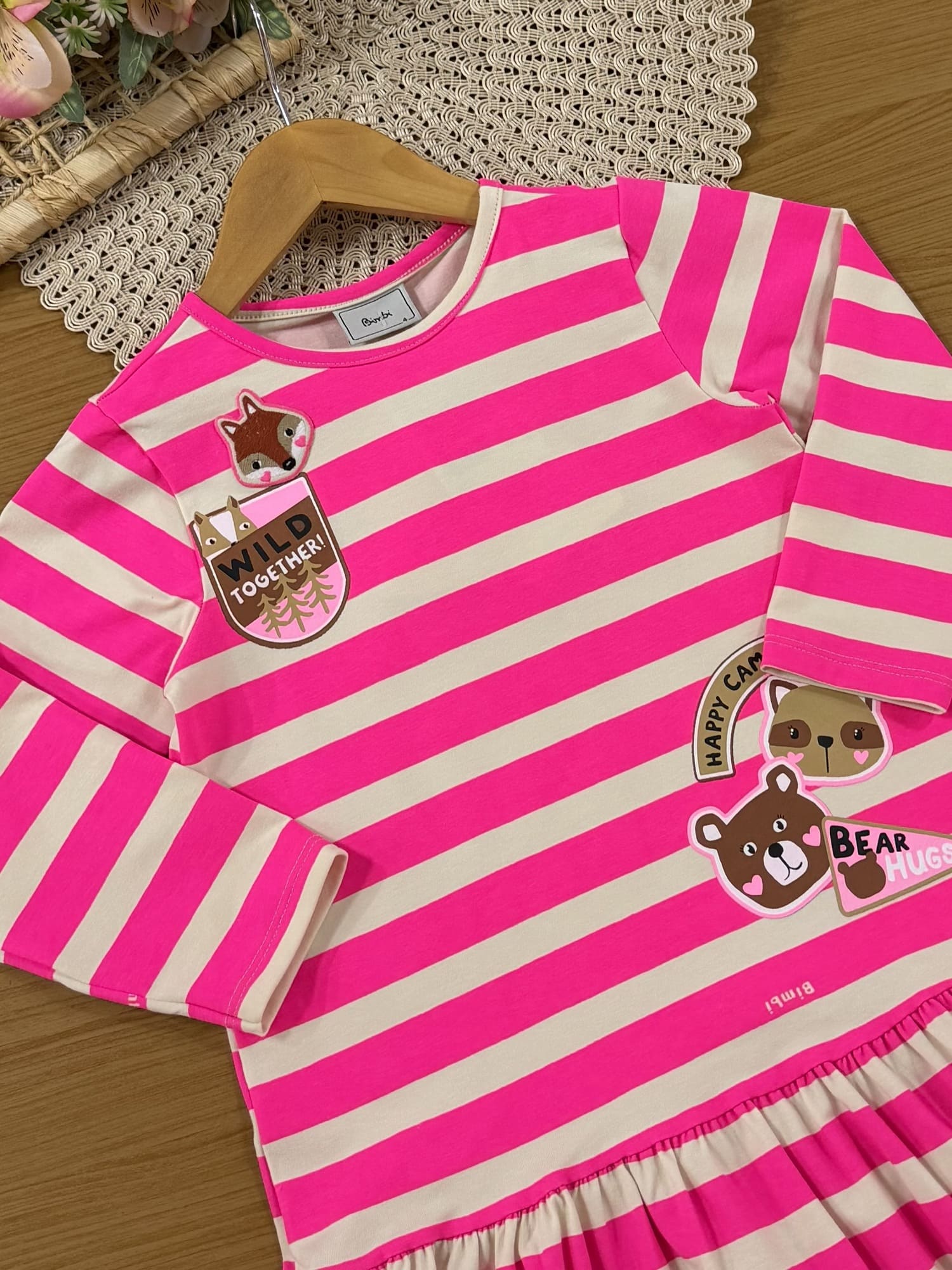 Vestido Infantil Bimbi Inverno Listras Rosa Bichinhos