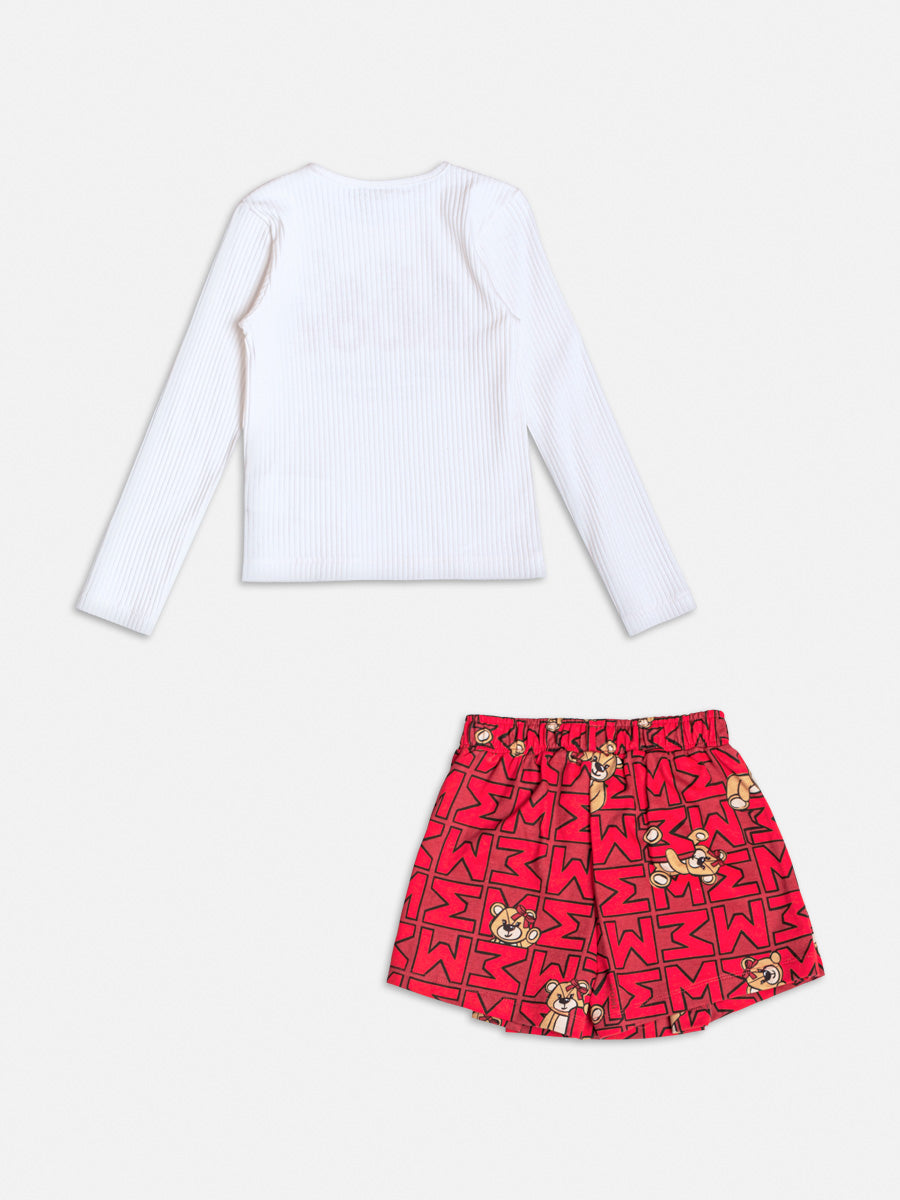 Conjunto infantil Momi Inverno Shorts Saia Vermelho Blusa Manga Longa Urso Enjoy