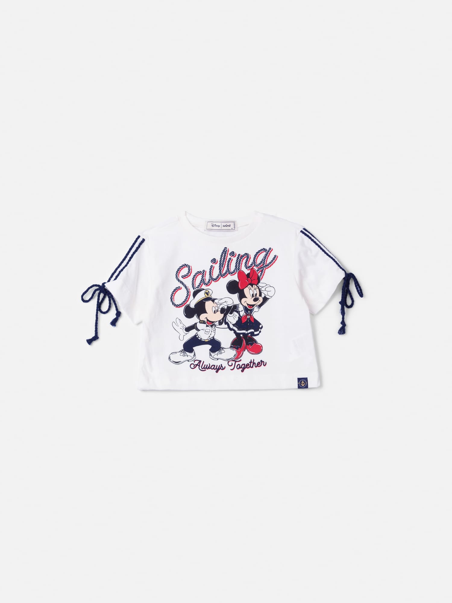 Blusa Boxy Infantil Animê Verão Branca Mickey e Minnie Marinheiros Disney