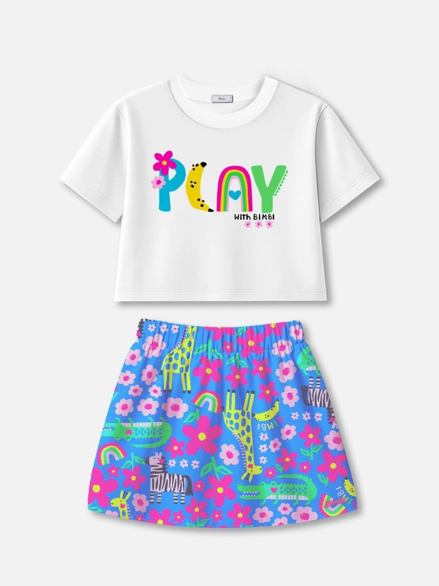 Conjunto Infantil Bimbi Verão com Saia Azul e Blusa Branca Play