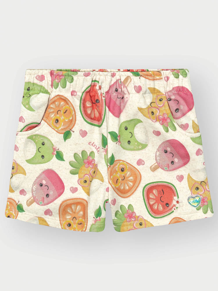 Conjunto Infantil Cinti Verão com Shorts Off White e Blusa Amarela Hello