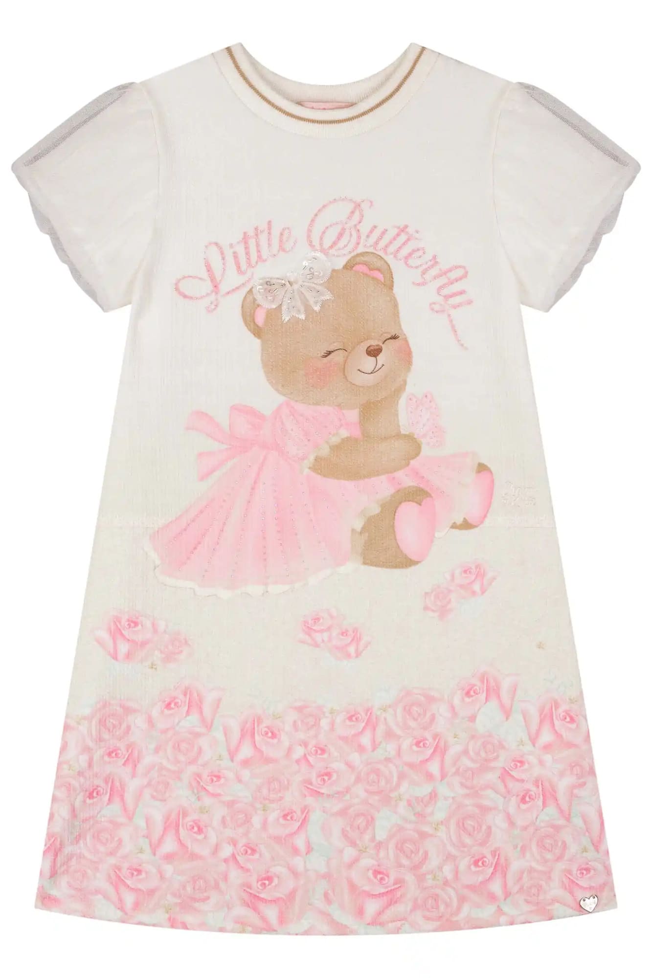 Vestido Infantil Kukiê Verão Off White Ursinha com Lacinho