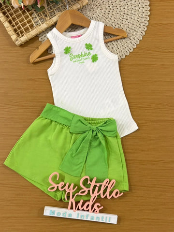 Conjunto Infantil Menina Momi, Shorts Verde com Lacinho e Regata Sunshine