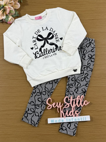 Conjunto Infantil Momi Inverno Calça e Blusa Branca Laços com Strass