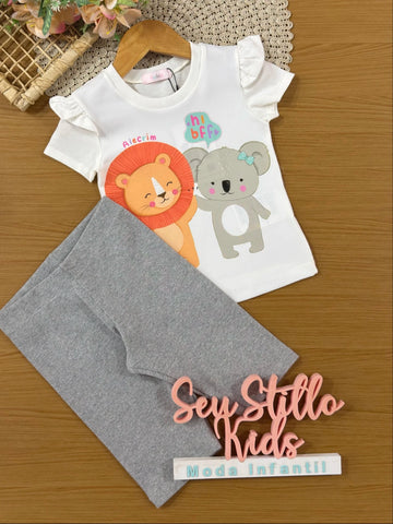 Conjunto Infantil Kukiê com Shorts Ciclista Cinza e Blusa Bichinhos