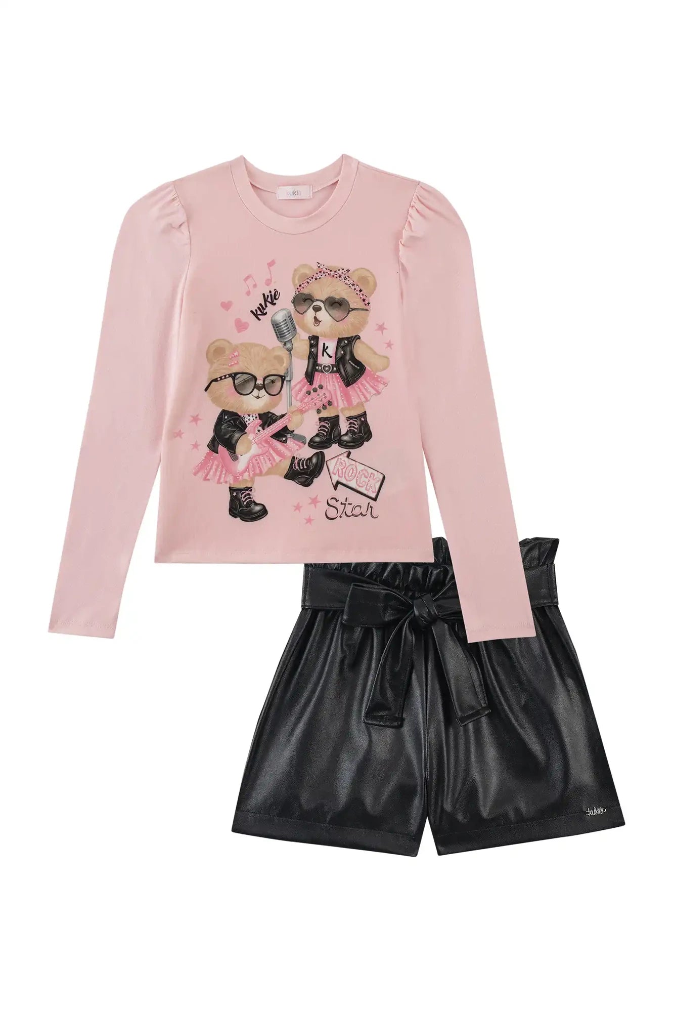 Conjunto Infantil Kukiê Inverno com Shorts Preto e Blusa Manga Longa Ursinhas Rockstar