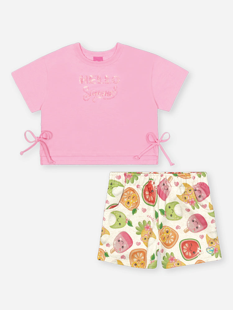 Conjunto Infantil Cinti Verão com Shorts Off White e Blusa Rosa Hello