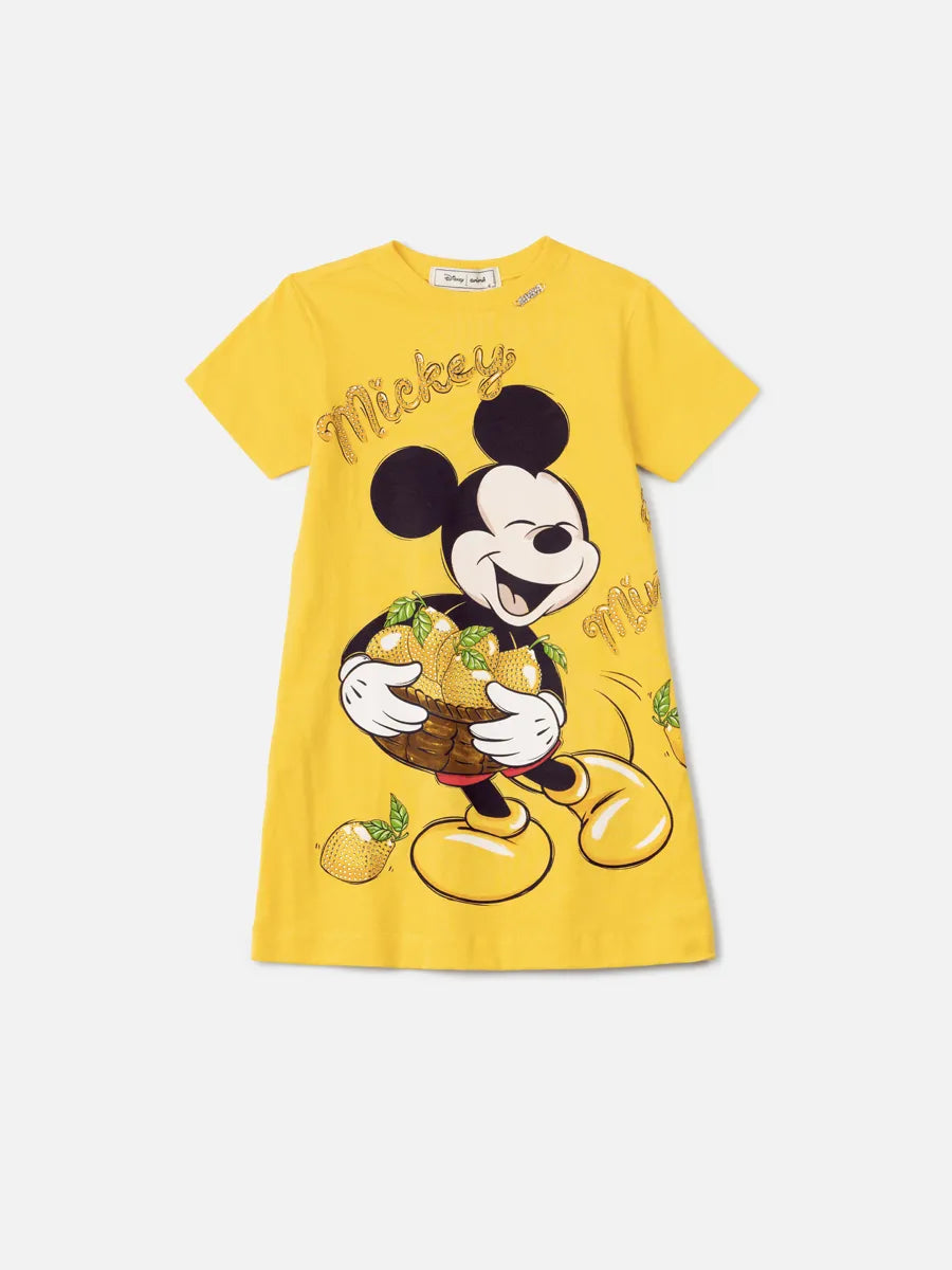 Vestido Infantil Animê Amarelo Mickey e Minnie Limãozinho Strass Disney