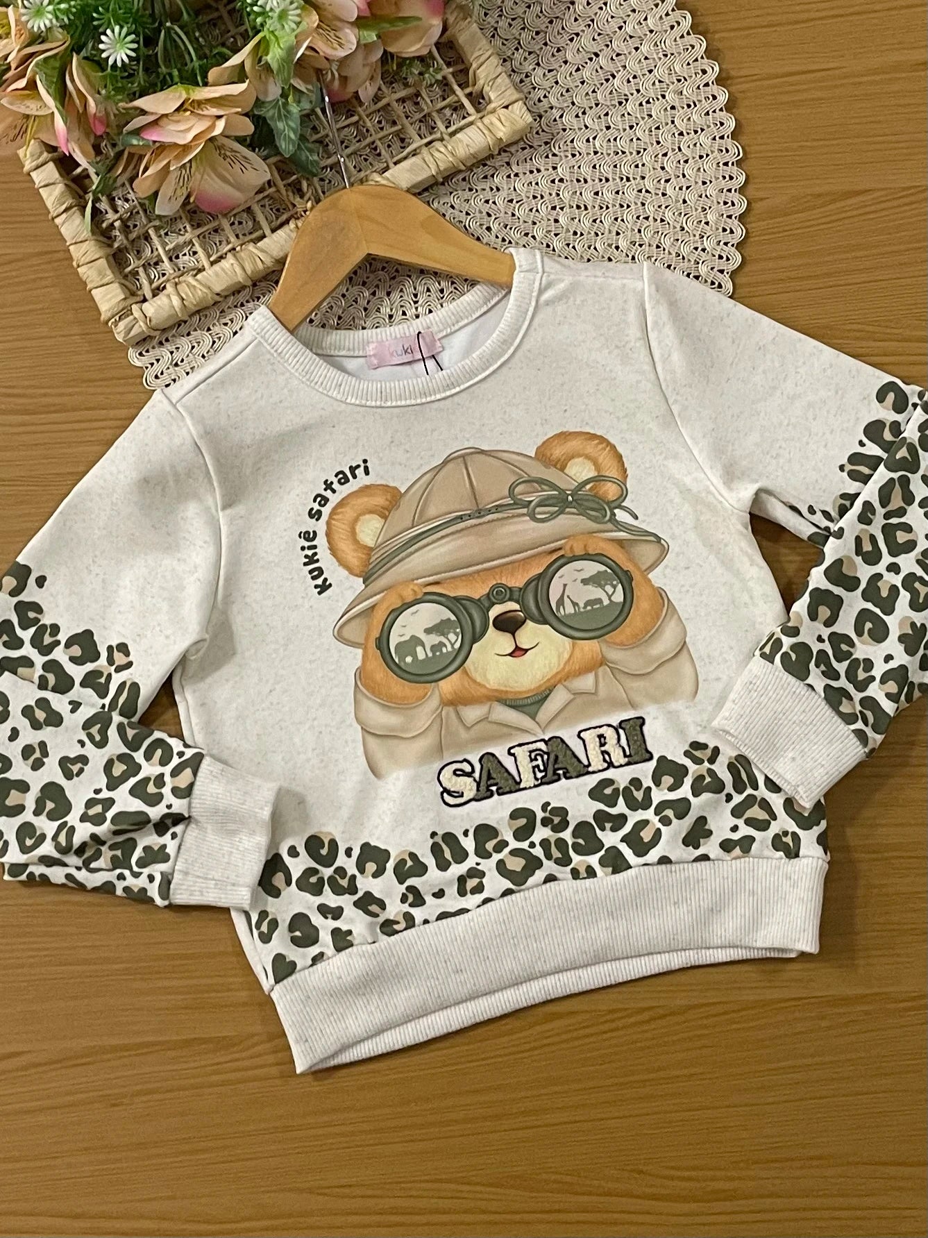 Conjunto Infantil Kukiê Inverno Legging Verde e Moletom sem Flanela Ursinha Safari