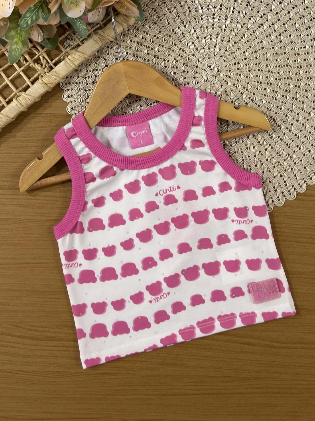 Conjunto Infantil Cinti Inverno Com Shorts e Blusa Regata Rosa Ursinhos