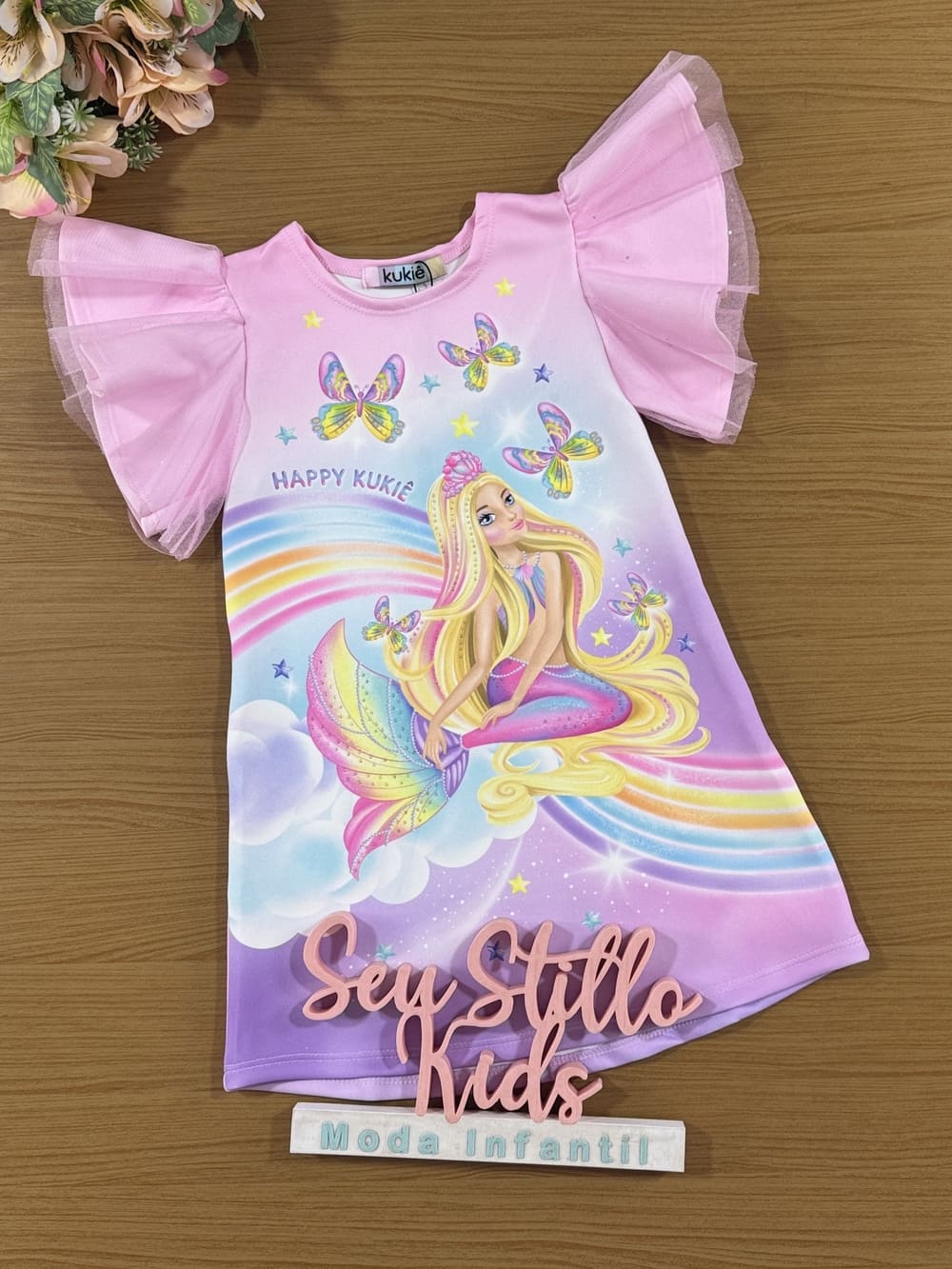 Vestido Infantil Kukie Verão Rosa Sereia Arco-íris