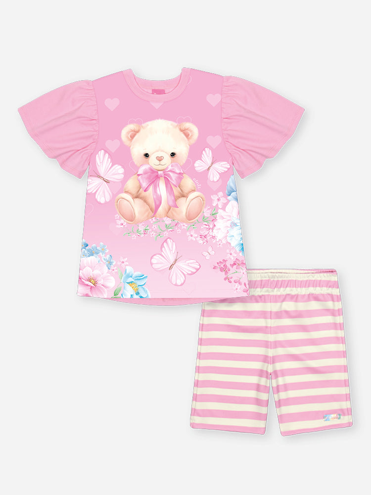 Conjunto Infantil Cinti Verão com Shorts Ciclista Listrado e Blusa Rosa Ursinha Floral