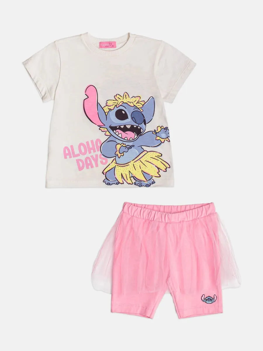 Conjunto Infantil Menina Momi Shorts Ciclista Rosa com Tule e Blusa Branca Lilo e Stitch Disney